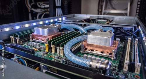 Server components with liquid cooling system detailed technical view