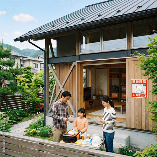 Family preparing earthquake emergency survival kit outside modern home.