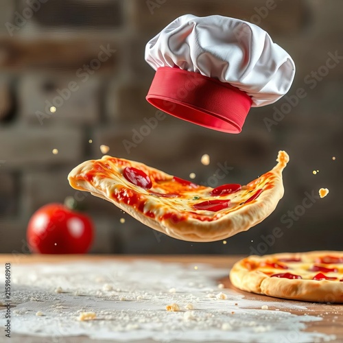 Pizza dough flying through air with chef's hat, joyful, flying