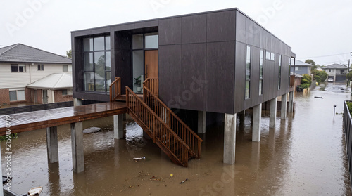 Modern residential house elevated above floodwater architectural design