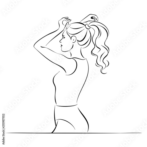 Young woman tying ponytail black line art sketch for morning routine and hairstyling salon concept design on transparent background pattern.