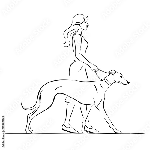 Lady walking greyhound dog on leash using clean continuous ink lines for pet owner lifestyle themes and elegant animal training concepts.