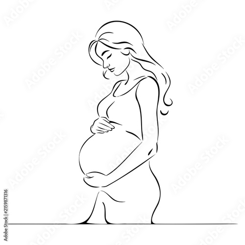 Pregnant woman holding baby bump gently with hands expressing motherhood happiness for maternity clinic services or parenting support programs.