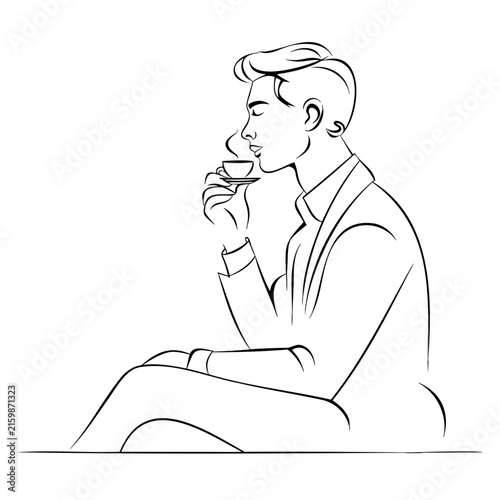 Young man drinking hot coffee sitting comfortably relaxing at cafe atmosphere morning break lifestyle minimalist line graphic art.