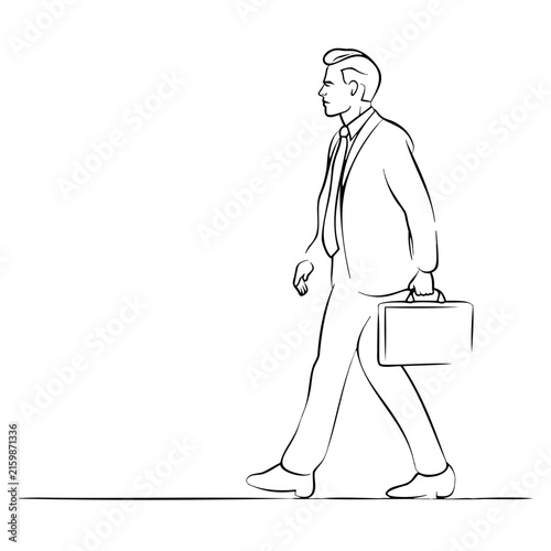 Business man in formal suit holding leather briefcase walking confidently toward workplace success professional career growth project.