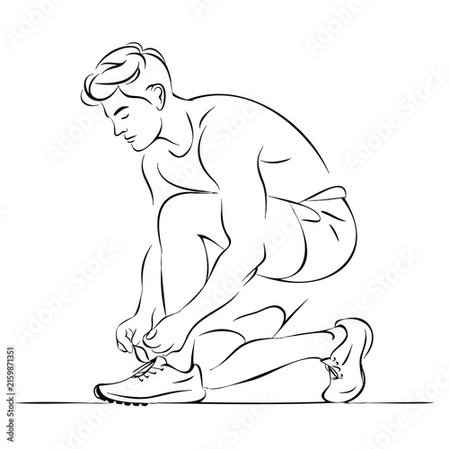 Active athletic man kneeling tying shoelaces preparing for running training session workout endurance fitness health motivation.