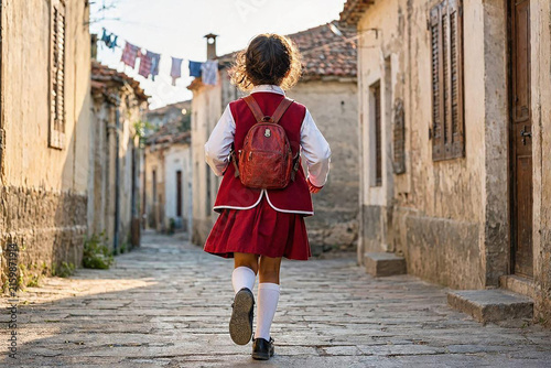 Indonesian schoolgirl in red and white uniform walking on a village street
