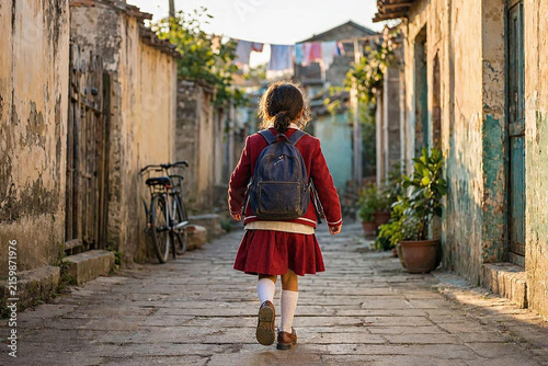 Indonesian schoolgirl in red uniform walking home through a traditional village alleyway