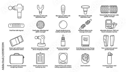 Physical Therapy Recovery Equipment and Muscle Massage Tools Minimal Line Vector Icon Set with Percussion Massage Gun Foam Roller and Tens Unit Symbols