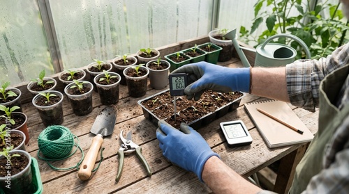A gardener in a greenhouse carefully checks the soil temperature with a digital meter while tending to seedlings. This image captures a moment of diligent plant cultivation.
