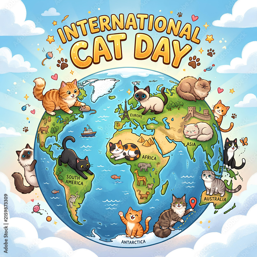 Fototapeta premium International Cat Day globe illustration with cats on continents.