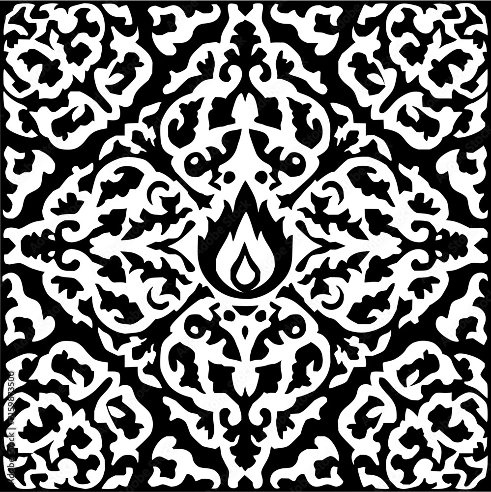 Fototapeta premium Detailed black and white floral pattern with a central flame design in a square format illustration