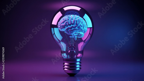 Neon light bulb containing glowing human brain concept for creativity and innovation inspiration.