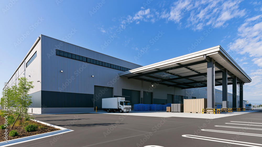 Fototapeta premium Modern Logistics Warehouse Exterior with Loading Docks and Distribution Center