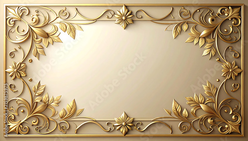 Elegant golden floral frame with 3D metallic filigree border and copy space for luxury invitation design