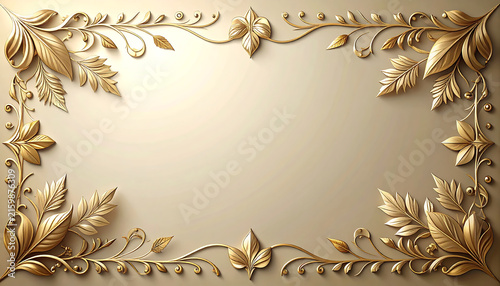 Elegant golden floral frame with 3D embossed leaf ornaments and central copy space for luxury invitation background