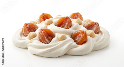 Distant shot of 5 to 10 yuzu slices and ginger slices resting on thick white honey moisture gel cream