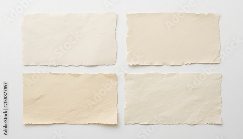 Collection of torn handmade textured cream paper scraps on a transparent background