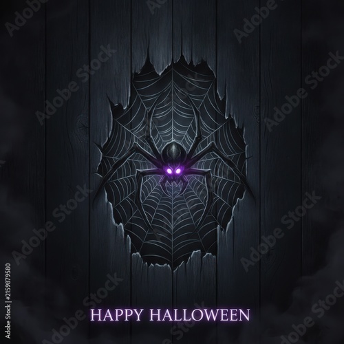 Pixel art spider with glowing purple eyes on a spider web for happy halloween celebration