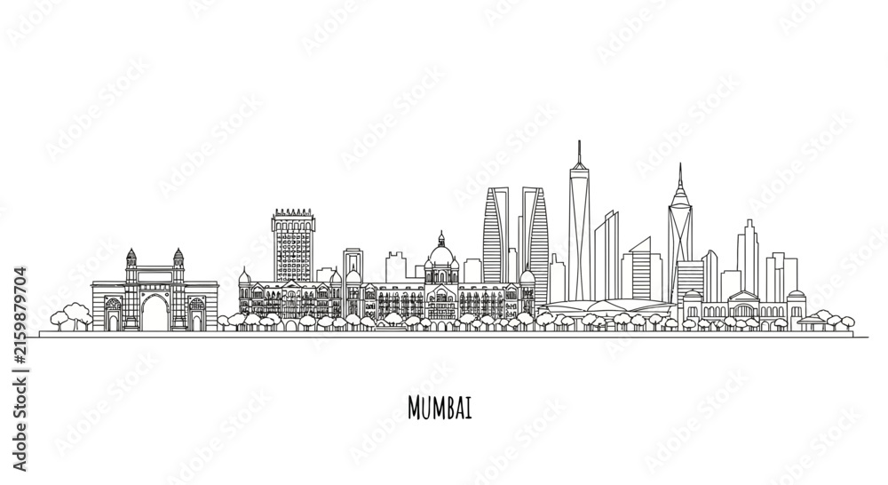 Obraz premium Mumbai Skyline Outline - Famous Landmarks & Cityscape, Black and White Line Art