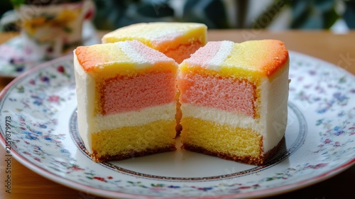 Battenberg cake slices with colorful layers on a floral plate