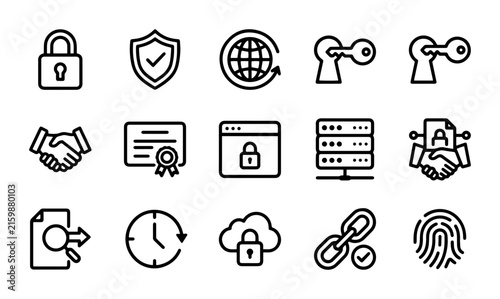 Cybersecurity Icons: Secure Data, Network Protection, Digital Safety, Authentication, Privacy