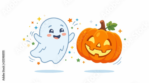 Cute cartoon ghost and jack-o'-lantern smiling and celebrating. A cheerful ghost dances next to a happy carved pumpkin, surrounded by colorful stars and confetti