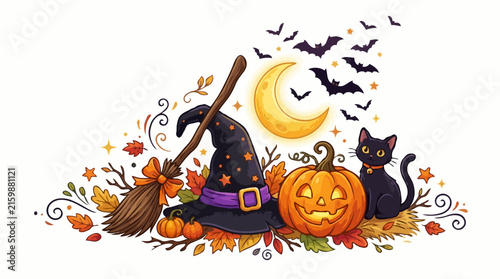 A whimsical Halloween arrangement featuring a witch's hat, a pumpkin, a black cat, and flying bats under a crescent moon