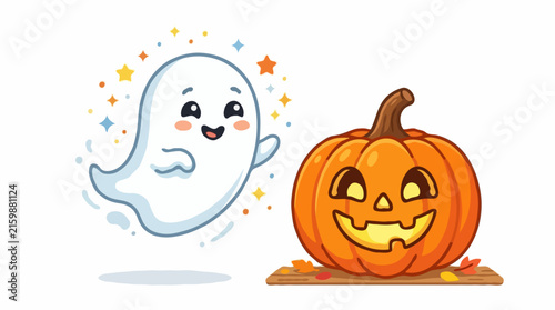 A cute cartoon ghost floating next to a smiling jack-o'-lantern on a brown surface with colorful leaves around