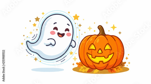 A cute, happy ghost floating beside a carved jack-o'-lantern surrounded by autumn leaves and sparkling stars