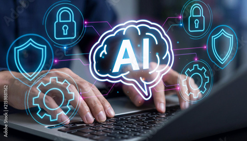 Artificial Intelligence Security Concept: Hands Typing on Laptop with Digital AI Brain, Lock, Shield and Gear Icons for Machine Learning, Data Protection, Automation and Innovation Technology