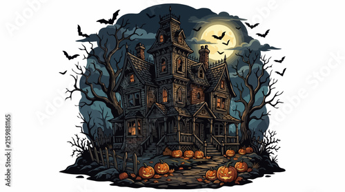 A spooky, old haunted mansion on a hill under a full moon, surrounded by gnarled trees and glowing jack-o'-lanterns, with bats flying in the night sky. A truly eerie Halloween scene.