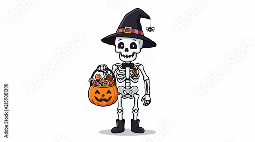 A cartoon skeleton dressed as a witch for Halloween, holding a pumpkin-shaped candy bucket filled with treats. The skeleton wears a black witch hat with an orange buckle and a spider dangling from it.