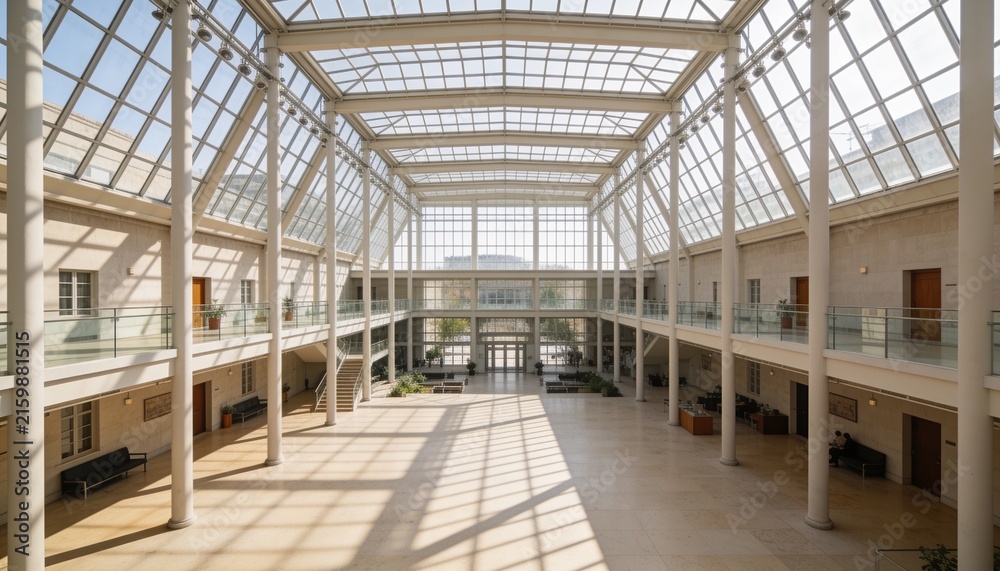 Obraz premium Showcasing central atrium in museum with vaulted skylight, steel frame, columns, glass balcony