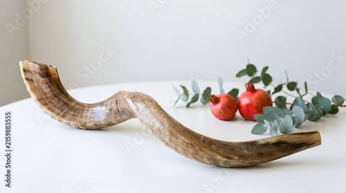 Traditional shofar close up on a white surface with small fruit seeds in the background. Ritual ram horn for the Rosh Hashanah religious holiday and Jewish High Holy Days ceremony