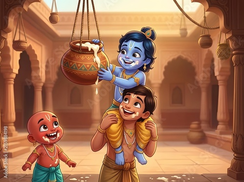 Charming illustration of playful little Krishna stealing butter from a hanging pot with friends, celebrating Janmashtami in a warm, traditional Indian palace courtyard setting.