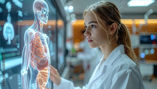 Female scientist examining human body scan.