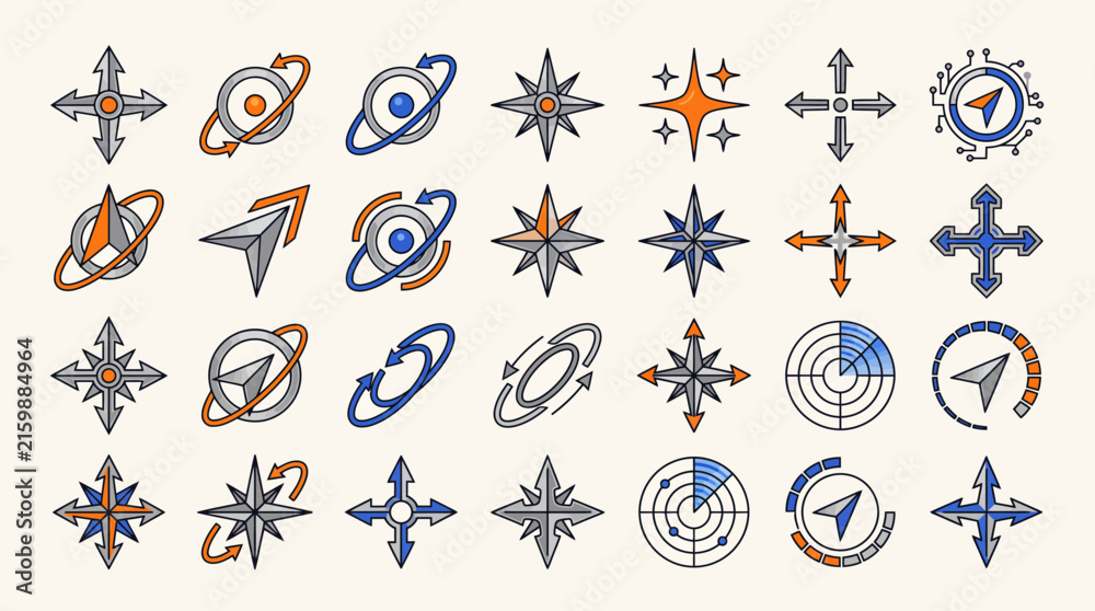 Fototapeta premium Collection of colorful compass rose icons with various designs and directions for navigational and decorative purposes