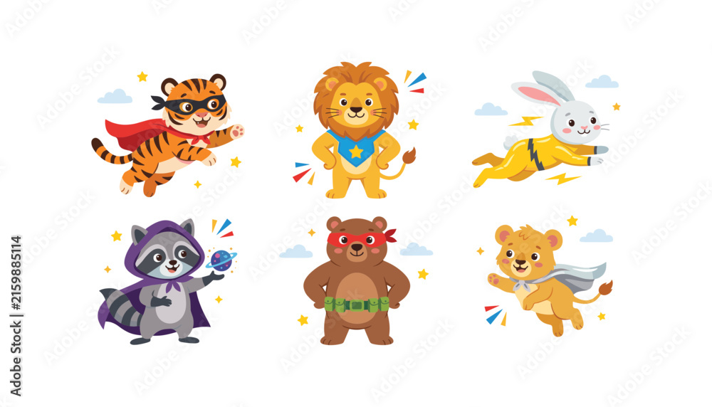 Obraz premium Cute Superhero Animals Vector Clipart Character Set with Cartoon Tiger Lion Bunny Raccoon Bear and Cougar Wearing Capes and Masks for Kids Graphic Designs