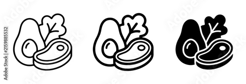Keto Diet Icons: Avocado, Steak, and Greens. Healthy Food Vector Graphics