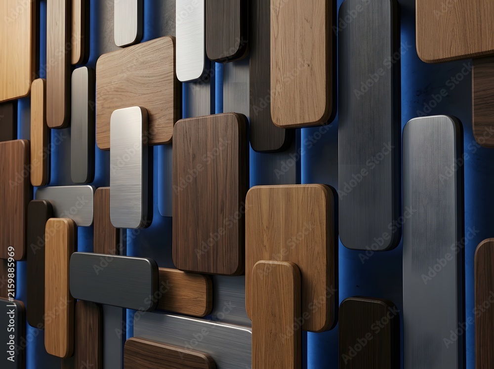 Fototapeta premium Modern Geometric Wall Panels Featuring Sleek Wood and Metallic Textures in Abstract Arrangement with Deep Blue Accents
