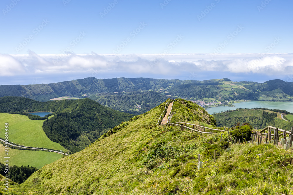 Obraz premium Azores hiking path to Sete Cidades viewpoint landscape nature on Sao Miguel island volcanic lake in Portugal