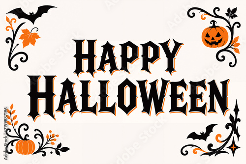 Happy halloween greeting with pumpkins and orange autumn leaves