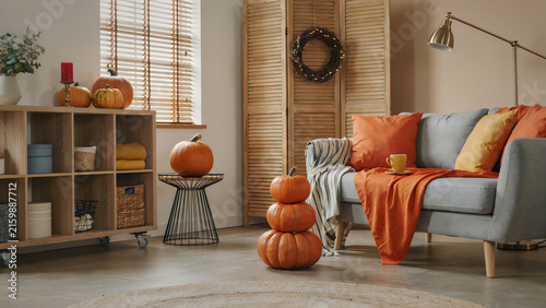 Cozy Autumn Living Room Interior with Pumpkins and Fall Seasonal Home Decor