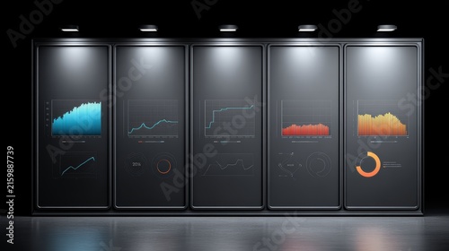 Financial Data Analytics Dashboard on Dark Display Panels