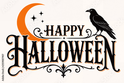 Black crow perched on halloween banner with pumpkins