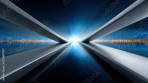 Futuristic Architectural Tunnel with Glowing City Skyline