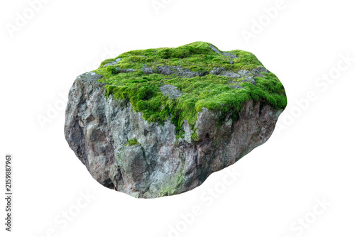 Large mossy rock boulder isolated on white background
