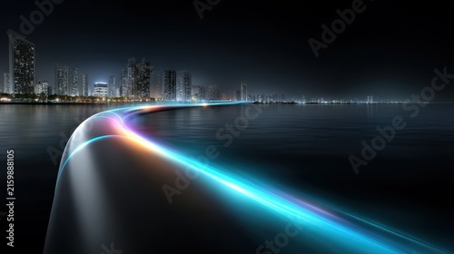 Futuristic Fiber Optic Data Stream Over Urban Waterfront