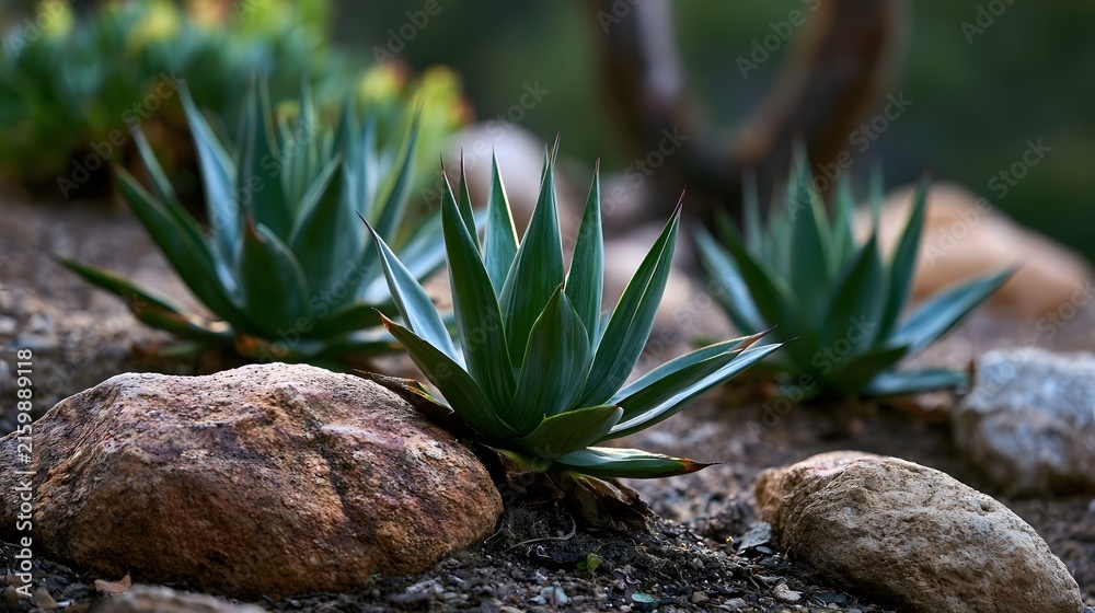 Naklejka premium Succulent plants grow among weathered rocks in a dry landscape under soft natural light creating a calm and textured outdoor scene